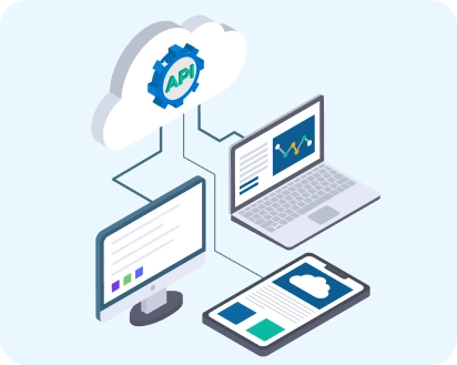 Illustration of a cloud labeled ‘API’ connected to multiple devices, including a desktop monitor, laptop with analytics graphs, and a tablet displaying cloud data