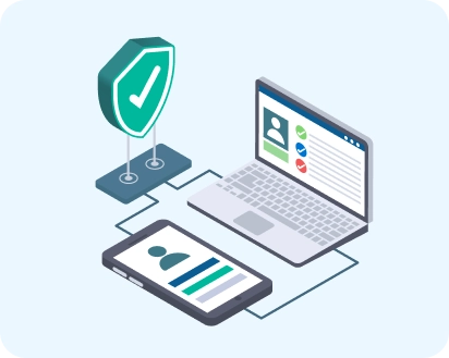 Illustration of a laptop and mobile device displaying user profile verification screens, connected to a shield with a checkmark symbolizing validation