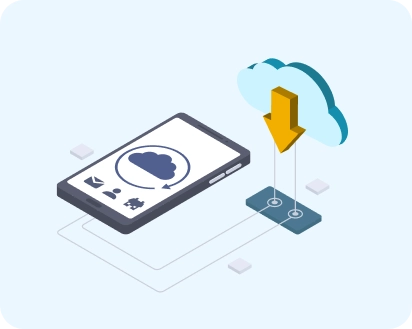 Illustration of a mobile device syncing with a cloud, with a large downward arrow showing data being downloaded from the cloud