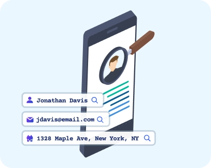 Illustration of a smartphone showing a person’s profile with a magnifying glass, along with search fields for name, email, and physical address