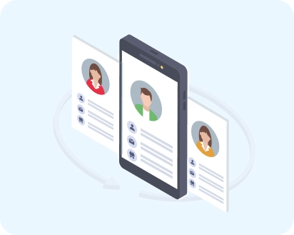 Illustration of a smartphone displaying a person’s profile, surrounded by two additional profile cards representing different individuals