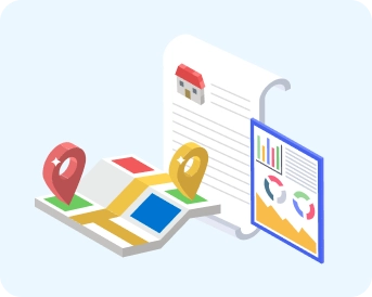 Illustration of reports and maps representing detailed property and neighborhood comparison data