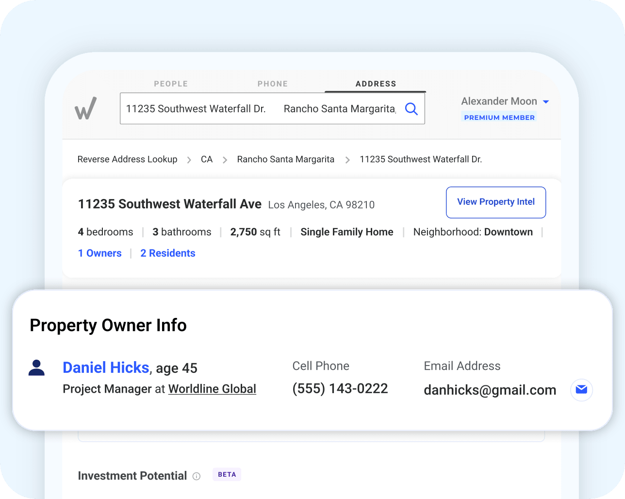 A screen showing a property report, highlighting property owner contact information
