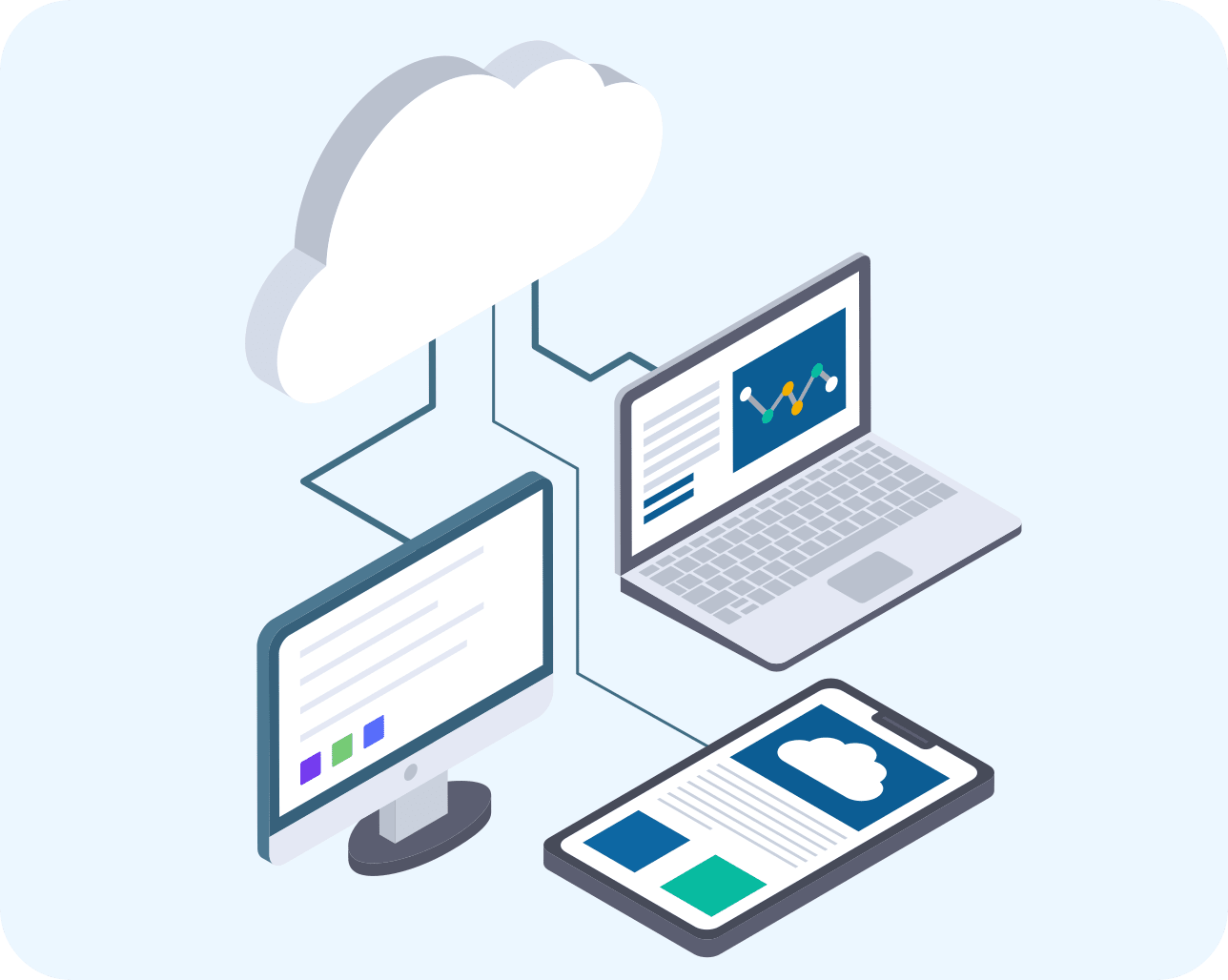 Diagram showing a computer, laptop, and tablet connected to the internet as represented by line connections and a cloud symbol
